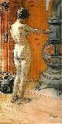Carl Larsson leontine staende , naken rygg- naken flicka framfor kamin- framfor kaminen oil painting on canvas